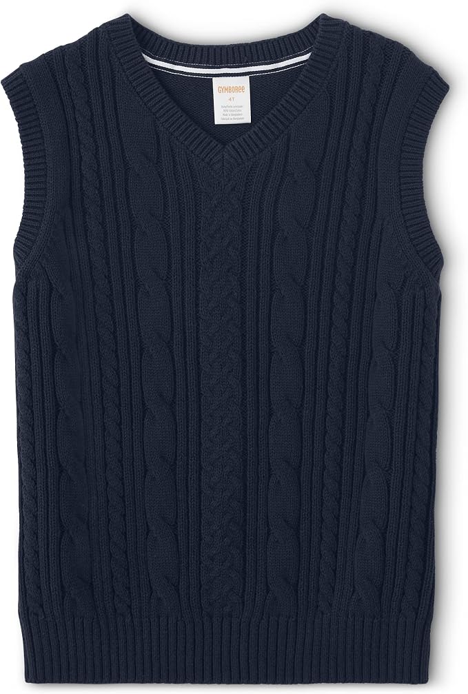 Navy cable knit V-neck toddler sweater vest.