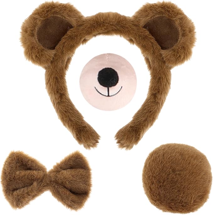 Brown faux fur bear ears headband, nose, bow tie, and tail set.