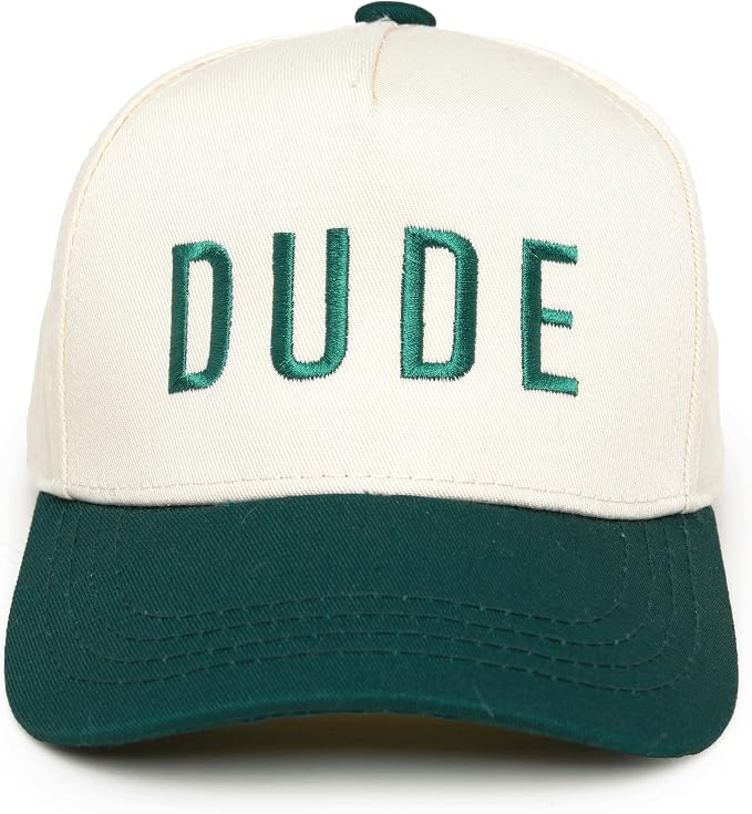 Cream and green kids trucker cap with 'DUDE' embroidered across the front.