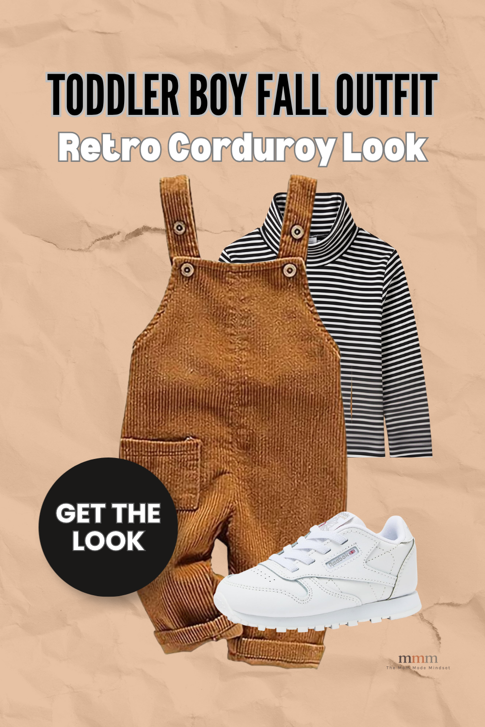 Pin graphic titled 'Toddler Boy Fall Outfit: Retro Corduroy Look' showing rust corduroy overalls, a black and white striped turtleneck, and white low-top sneakers on a warm tan background.