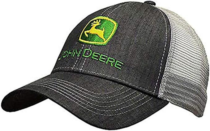 Dark denim John Deere trucker cap with a green and yellow logo and grey mesh back.