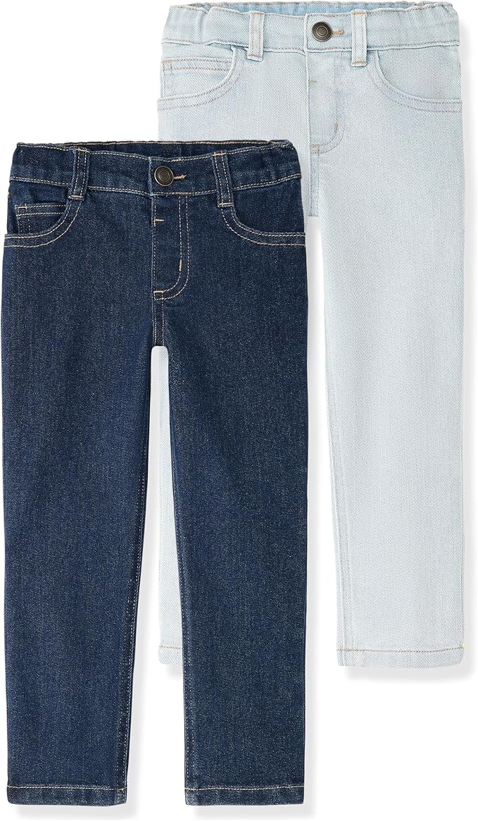 Two pairs of toddler straight-leg jeans, one dark wash and one light wash.