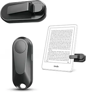 Black page turner remote with a clip attached to a Kindle.