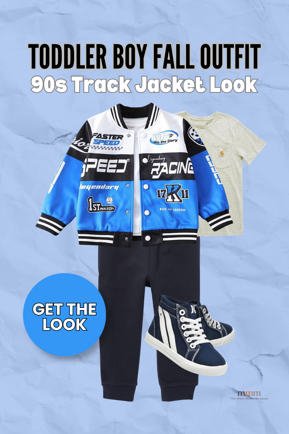 Pin graphic titled 'Toddler Boy Fall Outfit: 90s Track Jacket Look' showing a blue and white racing bomber jacket, sage Carhartt pocket tee, navy joggers, and navy high-top sneakers on a blue background.