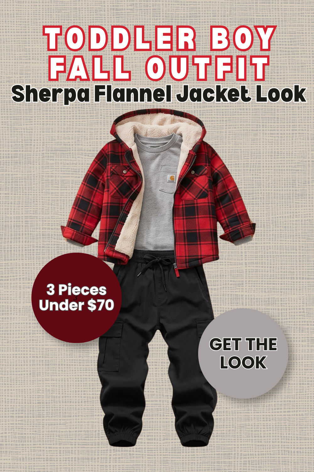 Pin graphic titled 'Toddler Boy Fall Outfit: Sherpa Flannel Jacket Look' showing a red and black plaid sherpa lined hooded jacket over a grey Carhartt pocket tee with black cargo joggers.