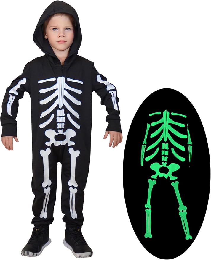 Child in a black hooded skeleton onesie shown next to an inset photo of the same print glowing green in the dark.