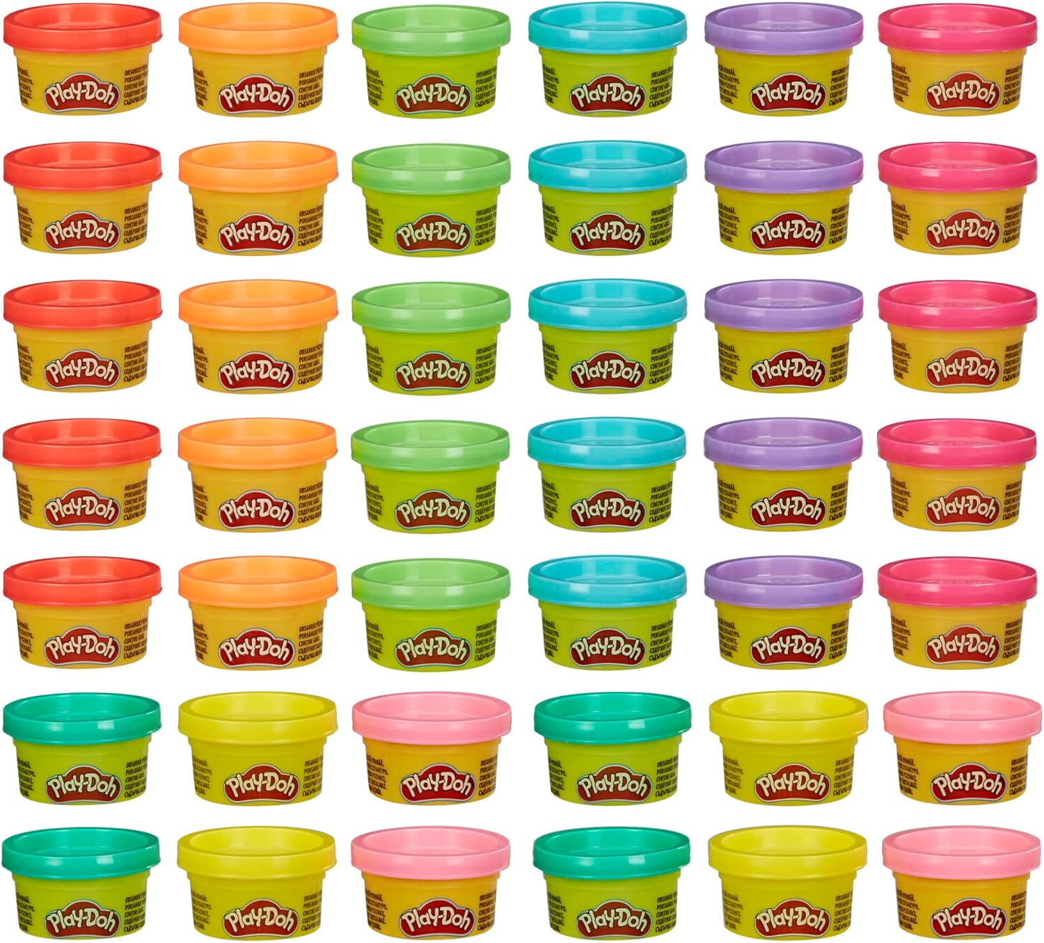 Rows of colorful one-ounce Play-Doh cans.
