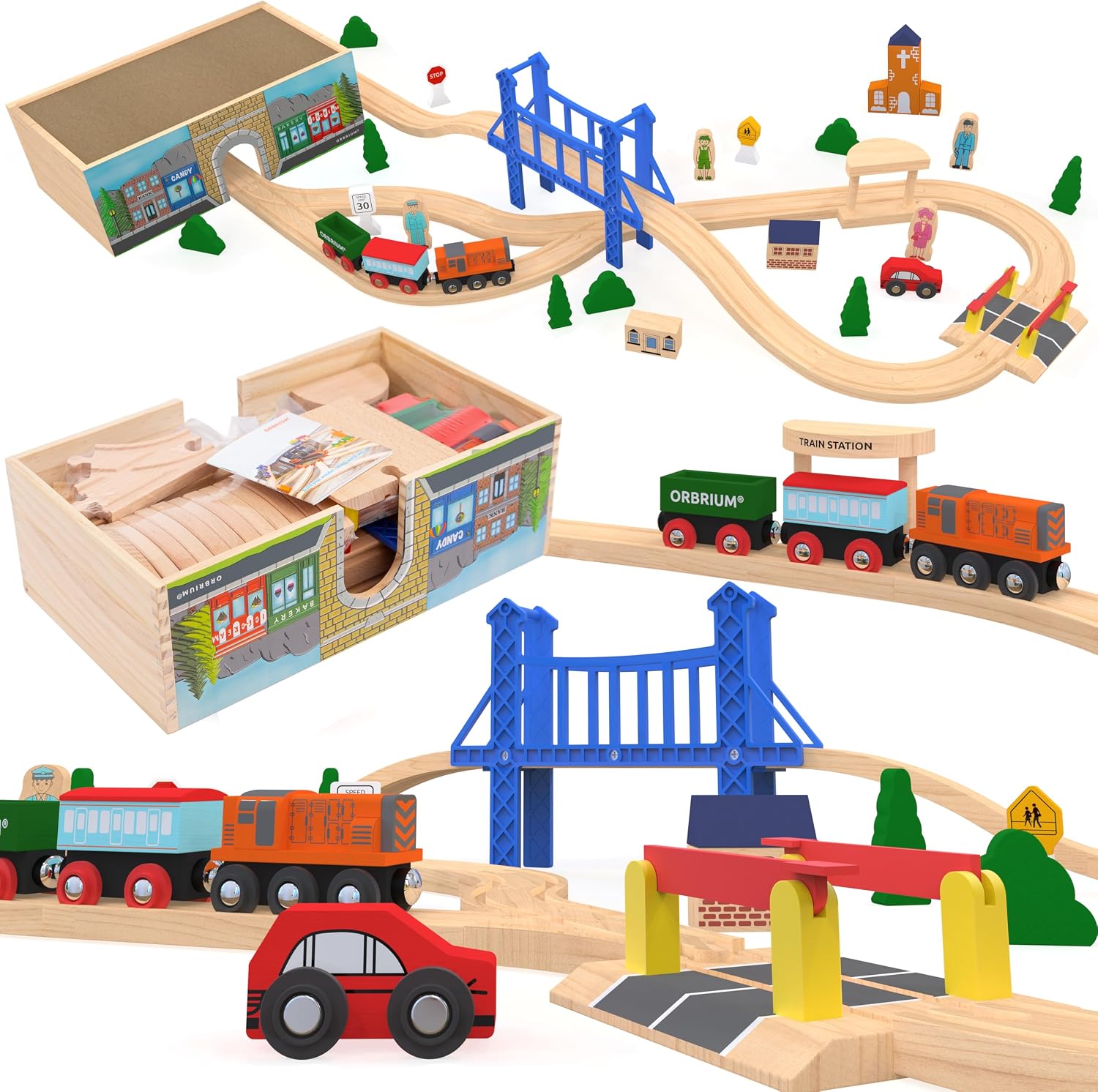 Orbrium wooden train set with figure-eight track, blue bridge, station and train cars.