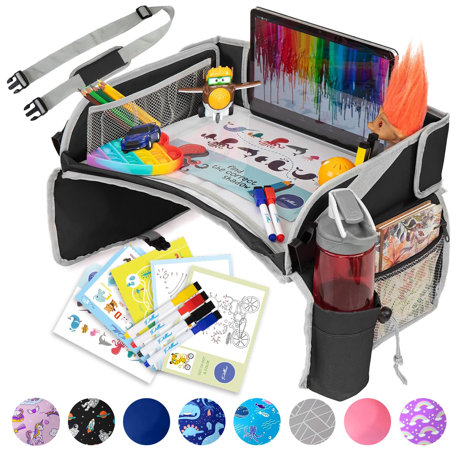 Gray and black kids travel tray with mesh side pockets, cup holder, markers, activity cards, and a tablet holder.