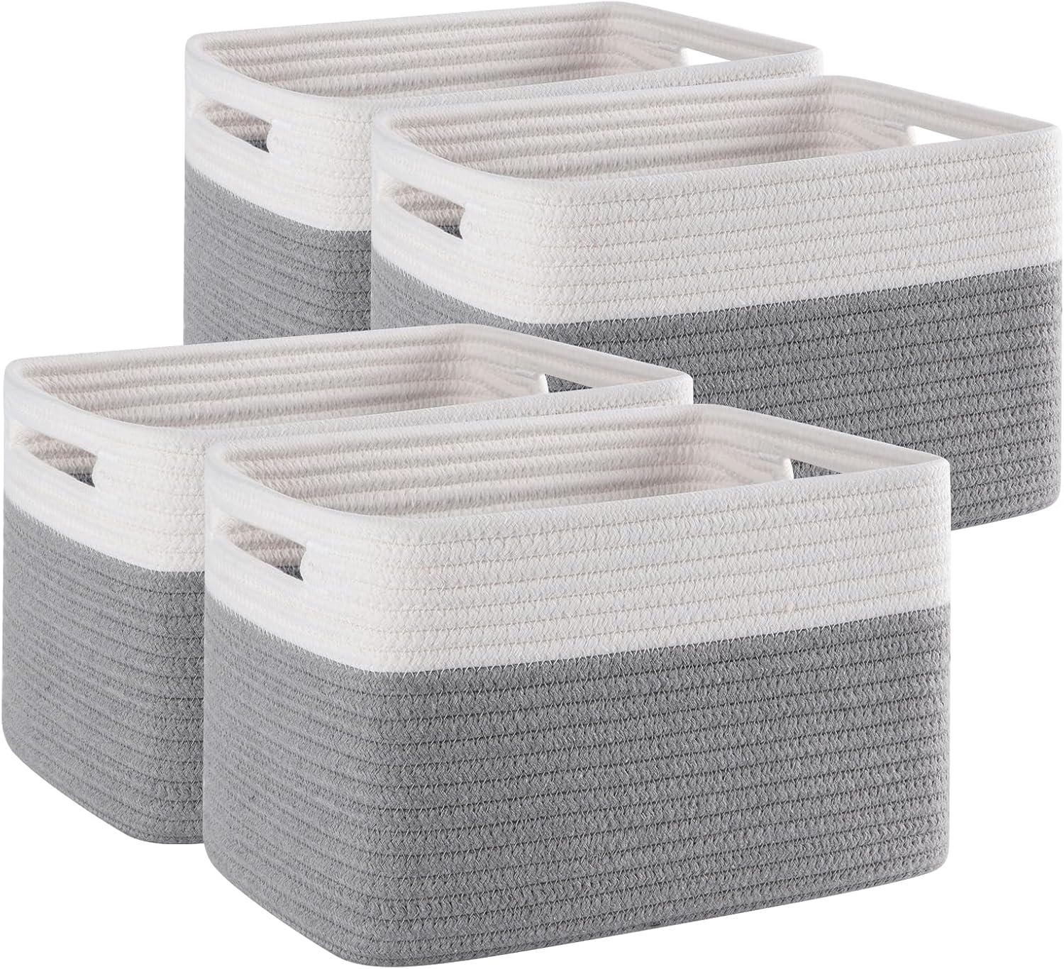 Set of four woven cotton rope storage baskets in cream and gray with cutout handles.