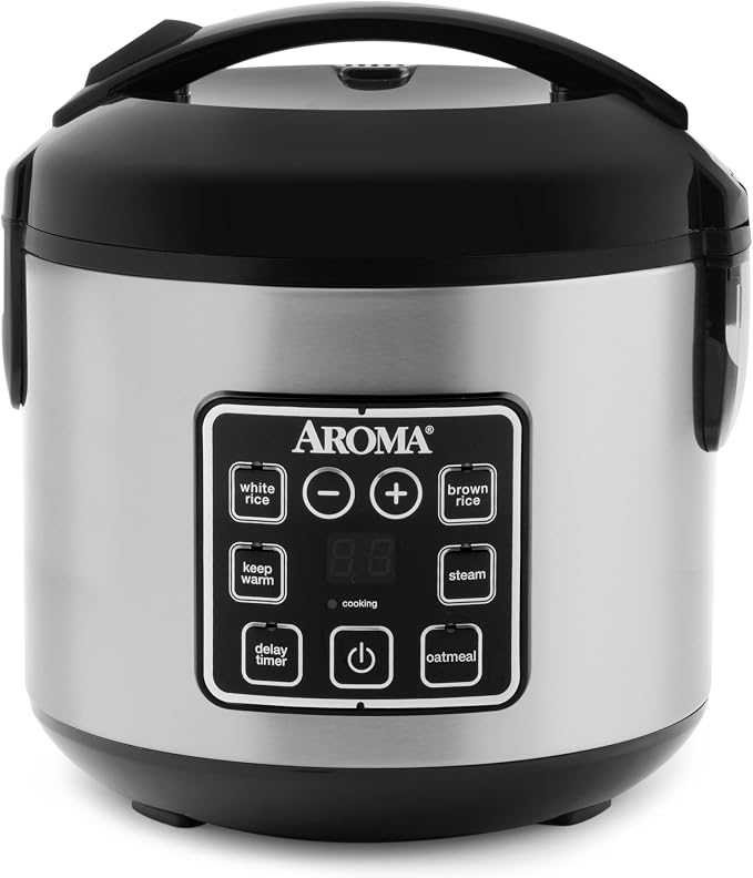 Stainless steel Aroma 8-cup digital rice and grain multicooker with white rice, brown rice, steam, and delay timer buttons.