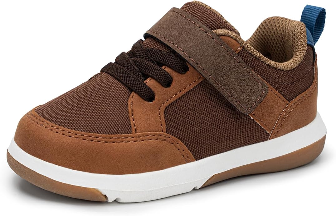 Brown toddler sneaker with a hook-and-loop strap, elastic laces, and a white rubber sole.