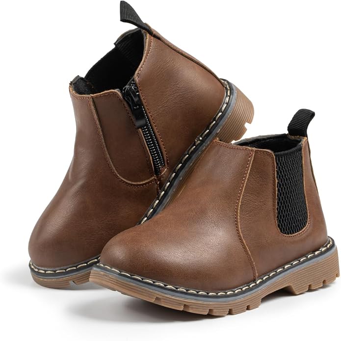 Brown faux leather toddler Chelsea boots with side zipper.