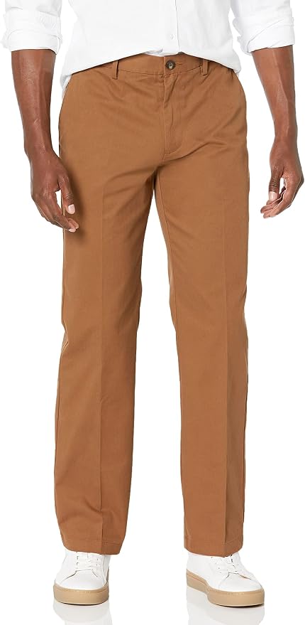 Man wearing dark khaki brown classic fit chinos.