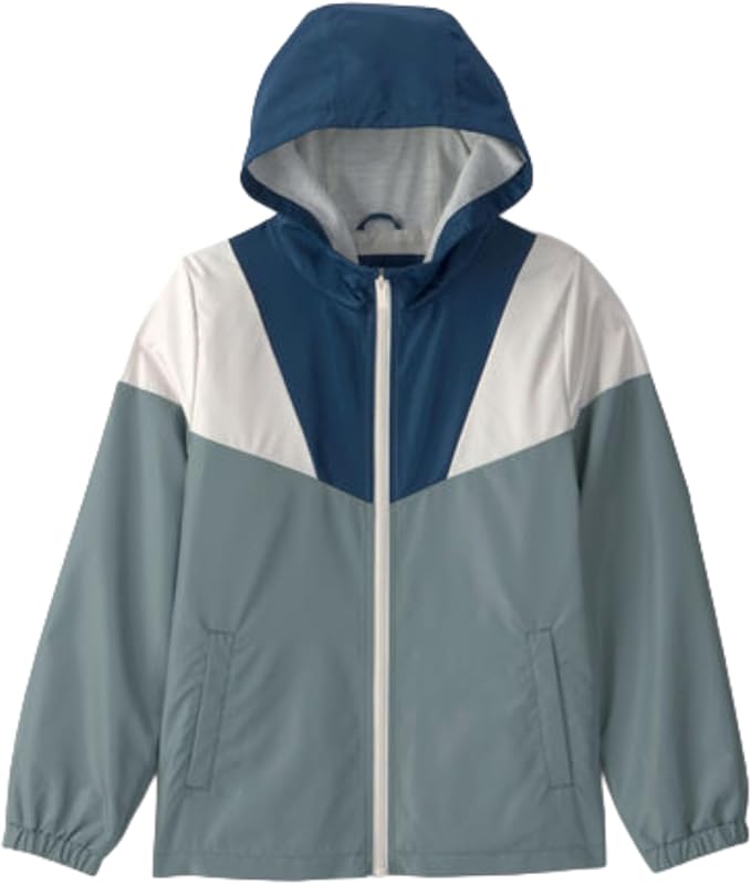Toddler hooded windbreaker with sage, navy, and cream color-block panels and a full white zipper.
