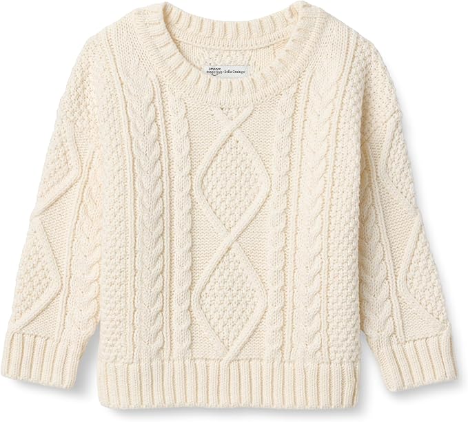 Ivory cotton cable knit crewneck sweater for toddlers with ribbed cuffs and hem.