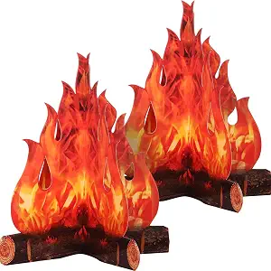 Two 3D cardboard campfire props with printed flames and logs.
