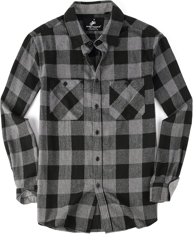 Grey and black buffalo check flannel button-up shirt with two chest pockets.