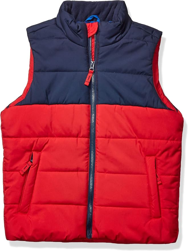 Navy and red color-block toddler puffer vest with a stand collar, full zip, and side pockets.
