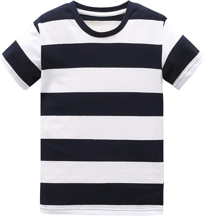 Toddler tee with wide navy and white horizontal stripes and a navy crew neck.