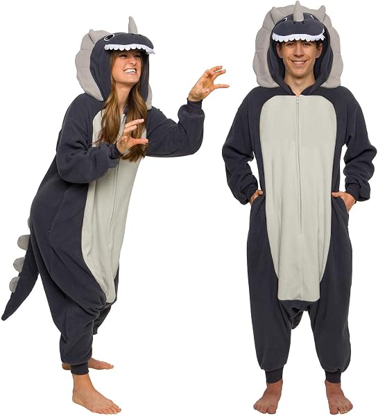 Adult green plush dinosaur onesie with a hood and spikes.
