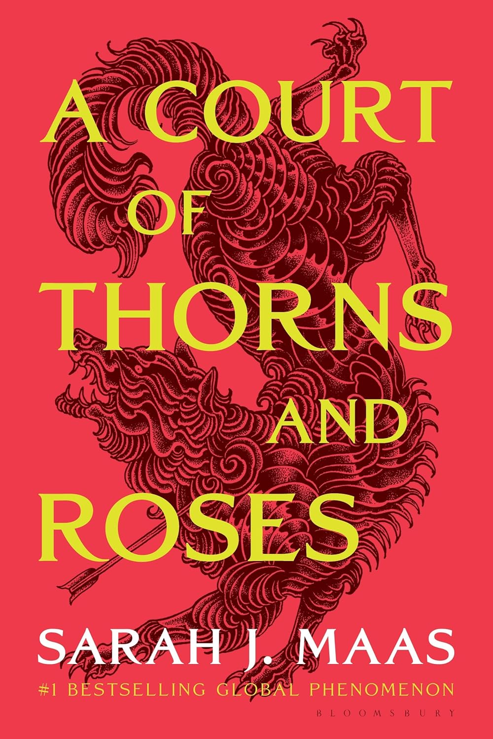 A Court of Thorns and Roses by Sarah J. Maas, red cover with a yellow title and beast illustration.