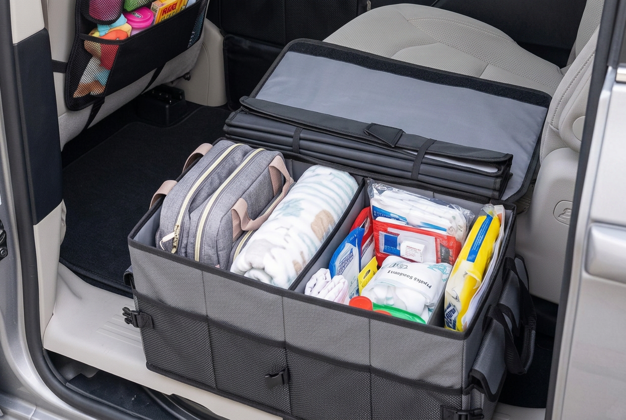 Gray foldable trunk organizer with three compartments holding a diaper bag, blankets, and wipes in a car trunk.