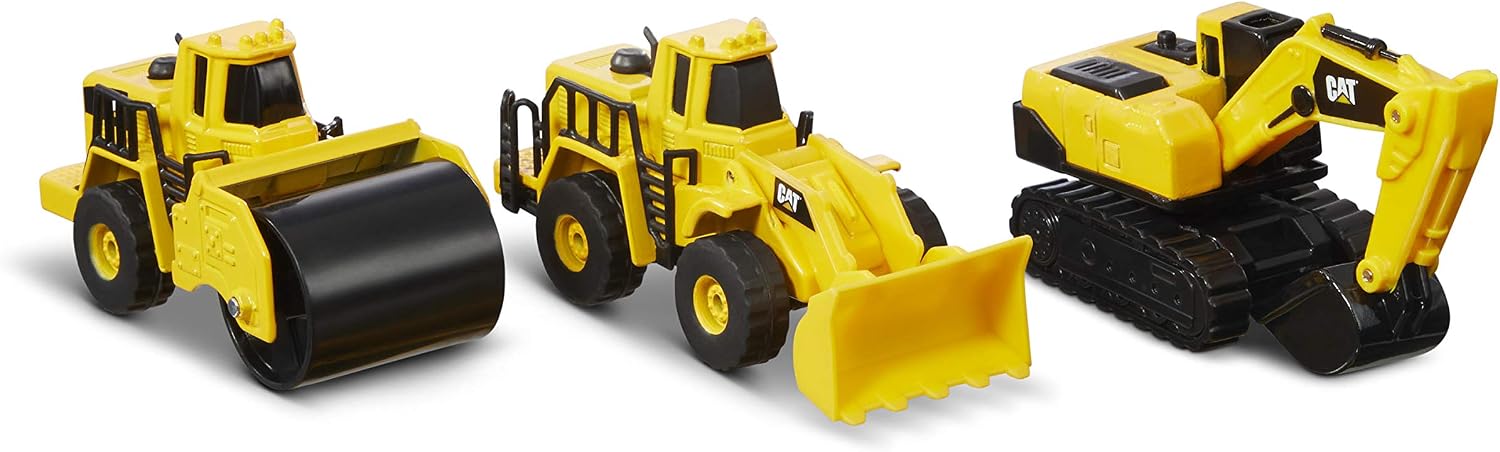 Yellow CAT die cast steam roller, wheel loader and excavator.