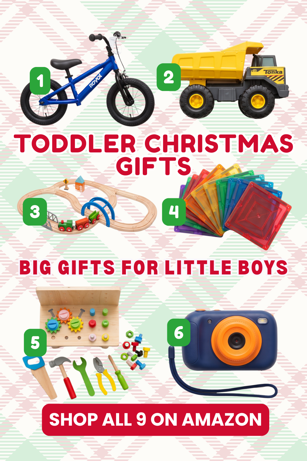 Pin graphic titled 'Toddler Christmas Gifts: Big Gifts for Little Boys' showing a blue balance bike, a yellow Tonka dump truck, a wooden train set, magnetic tiles, a wooden tool bench and a navy kids camera.