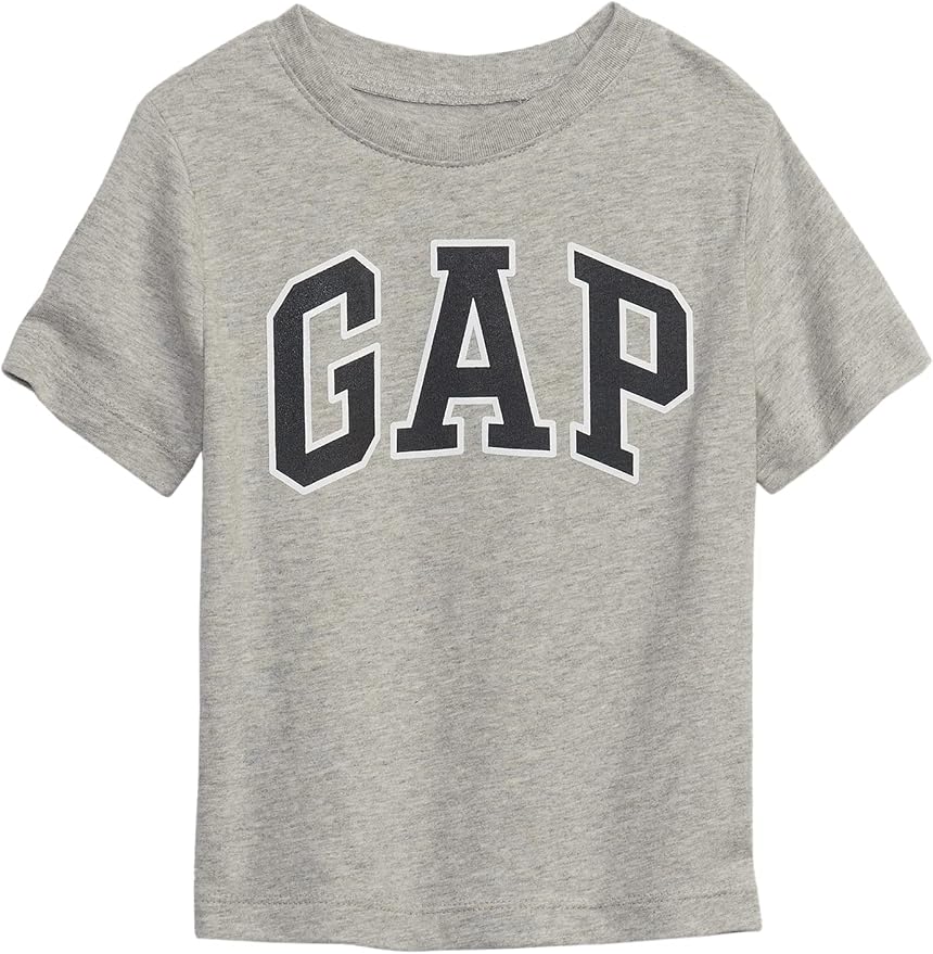 Heather grey toddler GAP logo short sleeve tee with a navy arched logo across the chest.