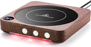 Wood grain coffee mug warmer with a digital display and black heating plate.