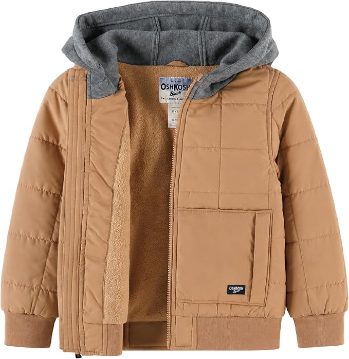 Tan toddler quilted bomber jacket with a grey sweatshirt hood, fleece lining, and front patch pockets.