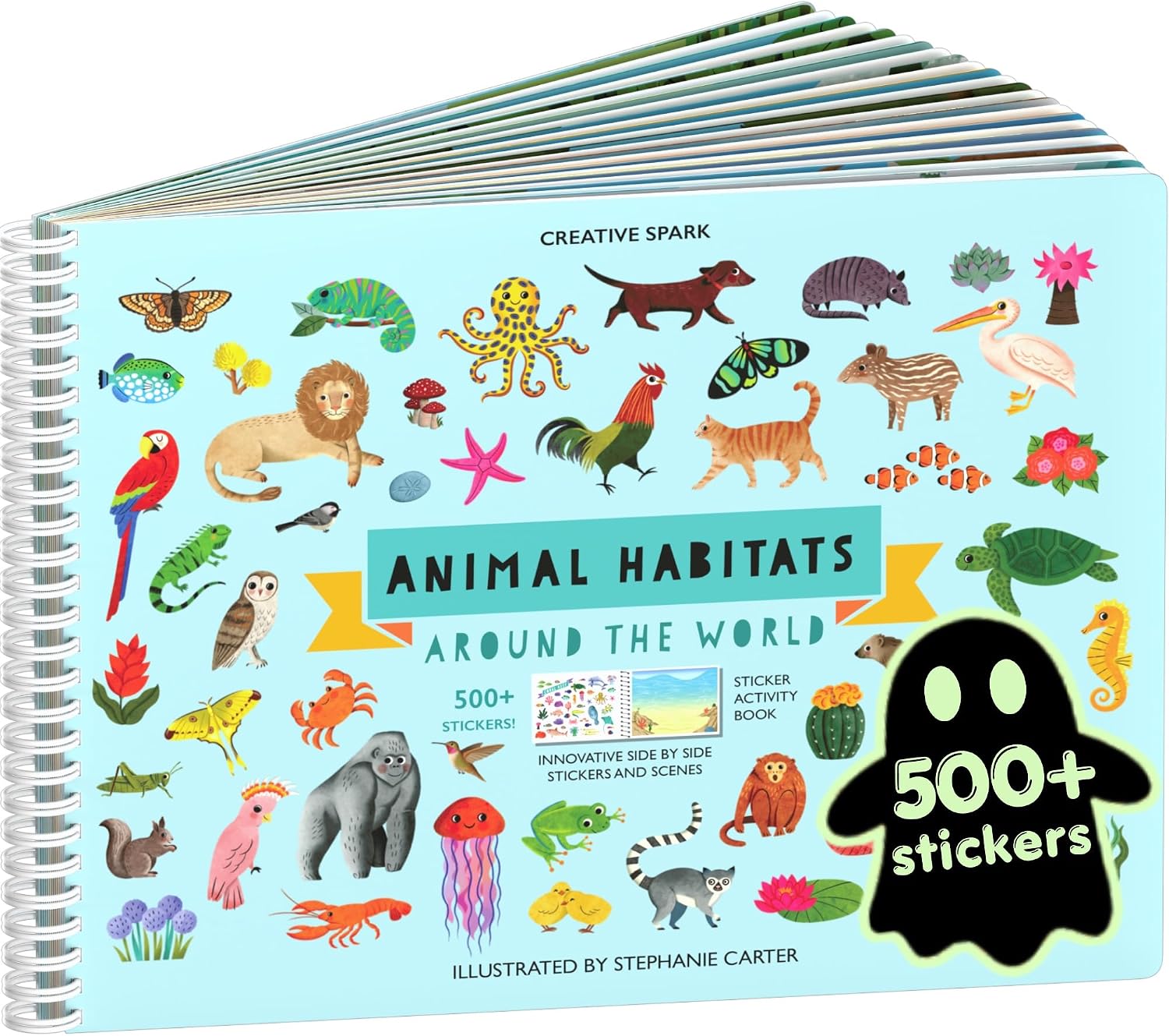 Spiral bound Animal Habitats Around the World sticker activity book with over 500 animal stickers on the cover.
