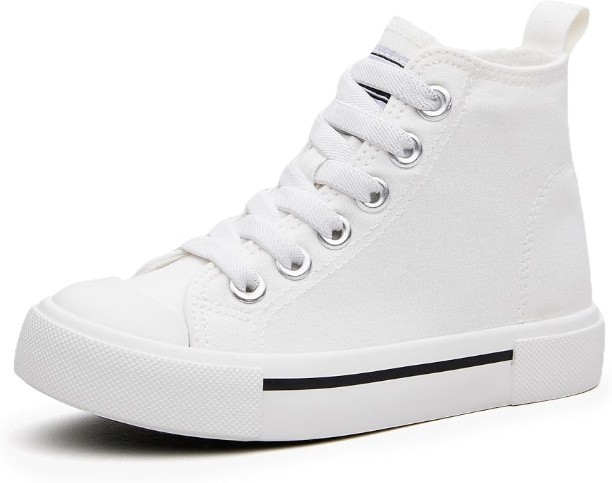 White canvas toddler high-top sneaker with silver eyelets, white laces, and a white rubber sole.