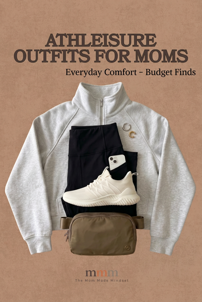 Pin graphic titled 'Athleisure Outfits for Moms' showing a light gray half zip pullover flat lay with black leggings, cream sneakers, and an olive belt bag.