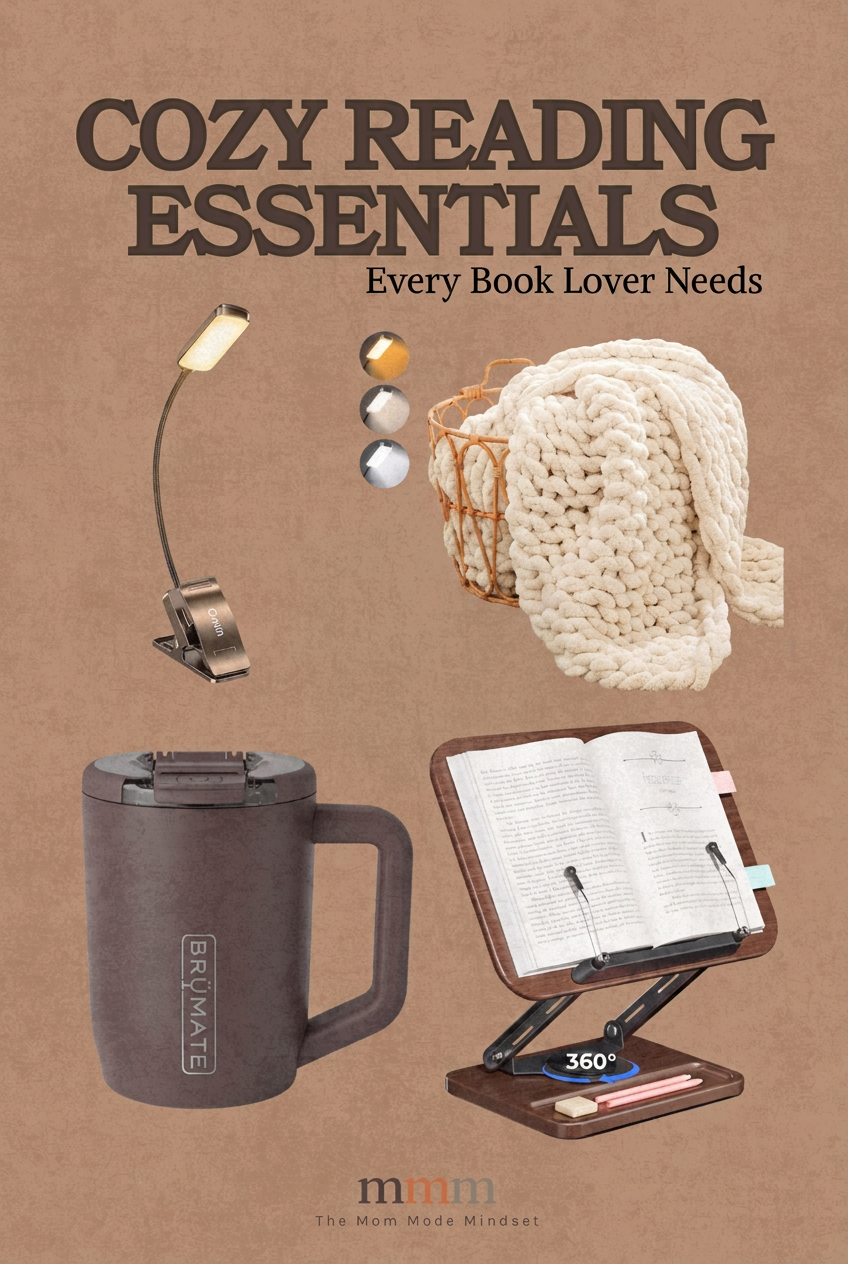 Pin graphic titled 'Cozy Reading Essentials' showing an open paperback with a clip-on book light on a chunky knit blanket next to a warm insulated coffee mug.