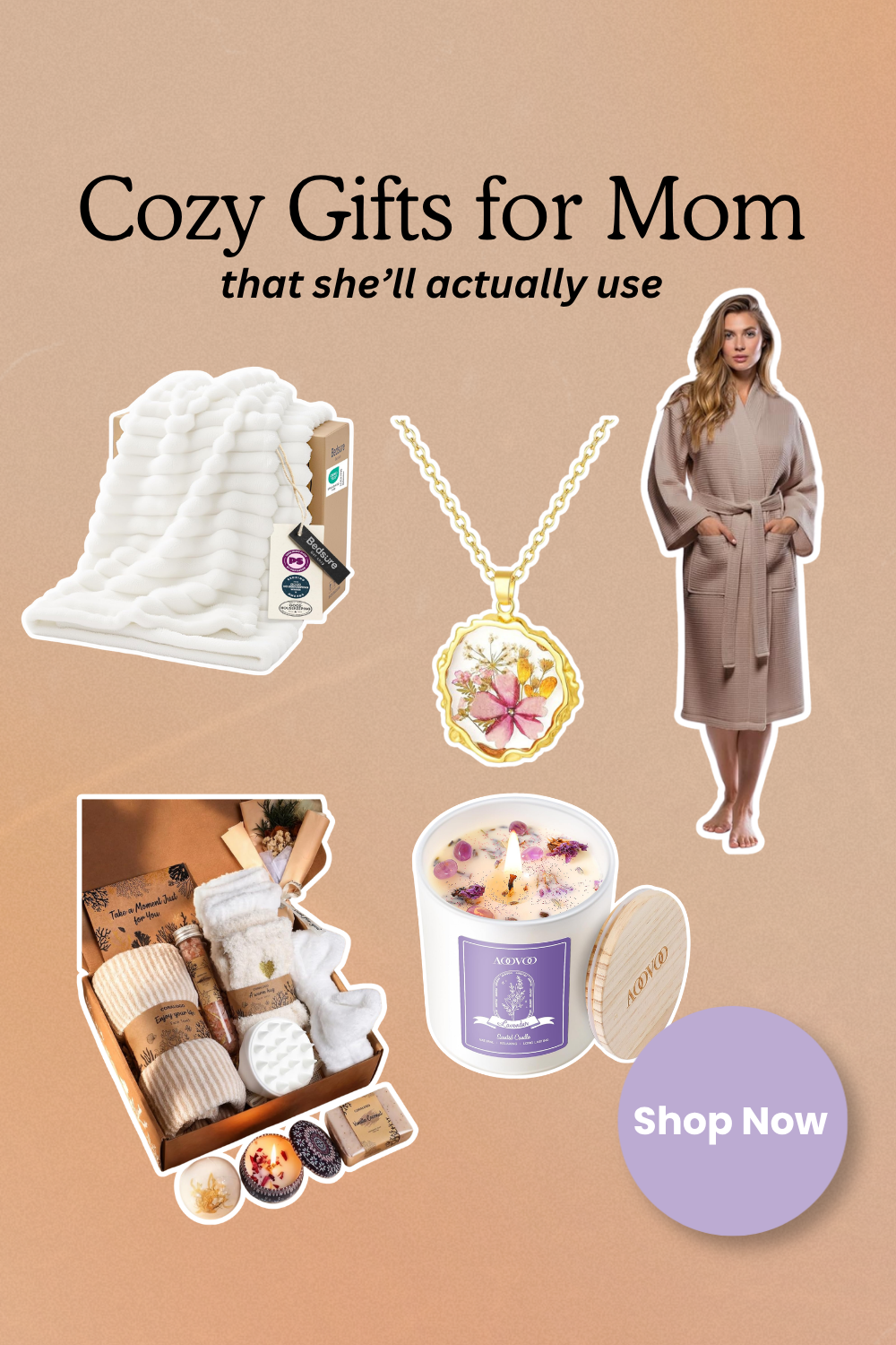 Pin graphic titled 'Cozy Gifts for Mom that she'll actually use' showing a white waffle robe, a gold pressed flower necklace, a lavender candle with crystals, a gift basket with candles and socks, and a white fleece blanket.