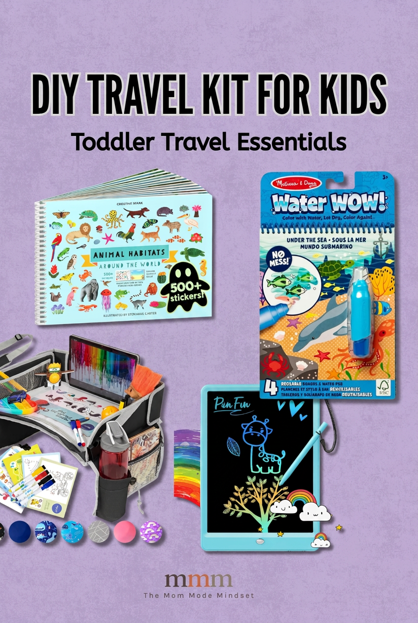 Pin graphic titled 'DIY Travel Kit for Kids: Toddler Travel Essentials' showing a kids travel tray, LCD writing tablet, Water Wow book, and animal sticker book.