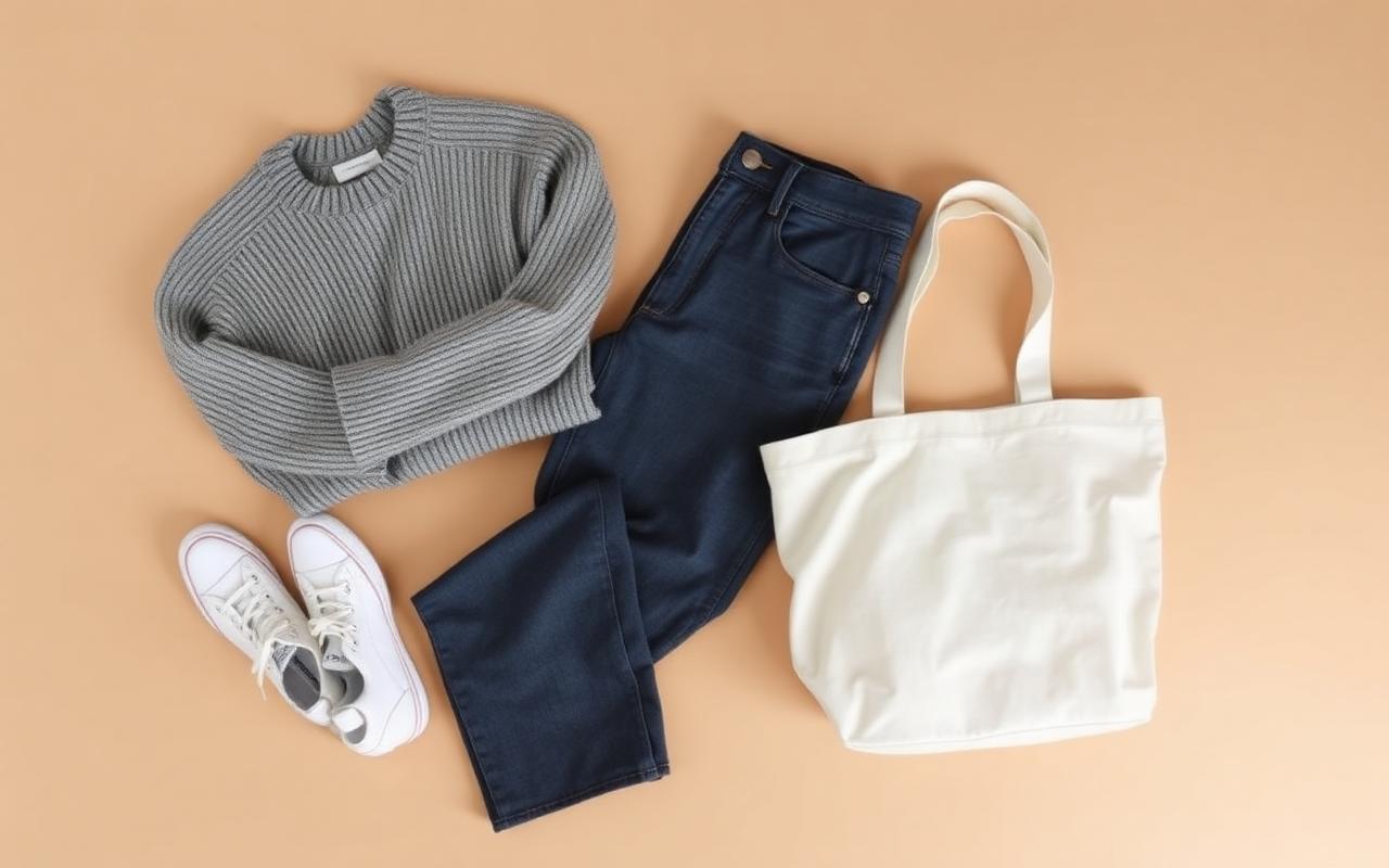 Flat lay of a casual everyday mom outfit: a heathered knit pullover sweater, high-waisted wide-leg jeans, white tennis sneakers, and a neutral canvas tote bag on a bone-colored background.