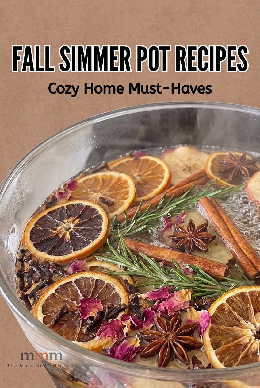 Pin graphic titled 'Fall Simmer Pot Recipes: Cozy Home Must-Haves' showing a glass pot of simmering orange slices, cinnamon sticks, rosemary, cloves, and star anise.