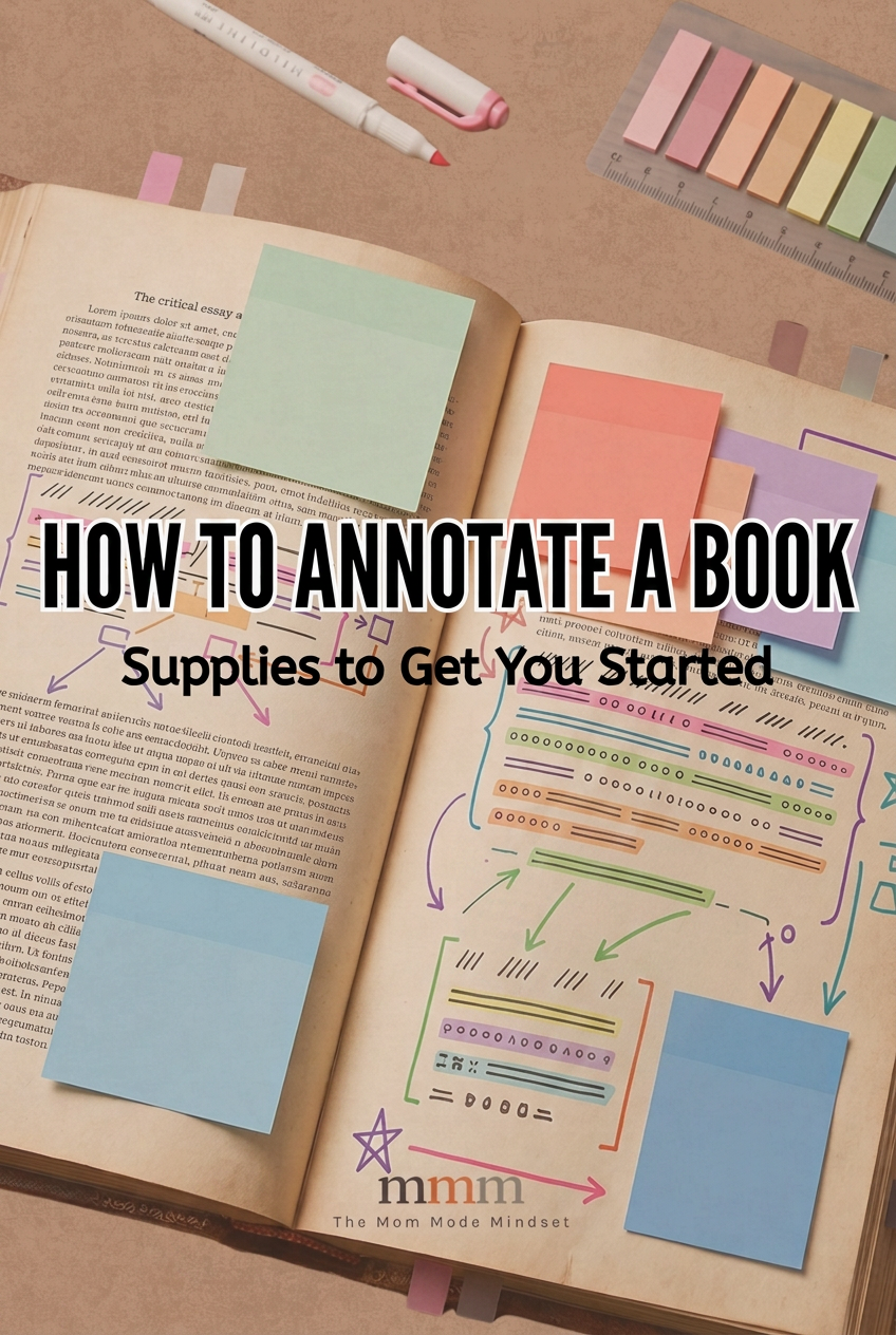 Pin graphic titled 'How to Annotate a Book' showing an open book covered in pastel sticky notes, highlighted lines, and colored tabs.