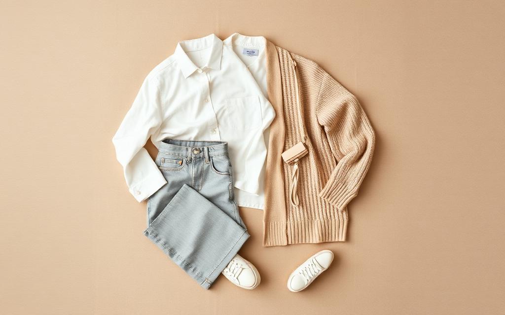 Flat lay of a neutral capsule wardrobe with a white oxford shirt, wide-leg jeans, an oatmeal cardigan, a tan crossbody bag, and grey sneakers.