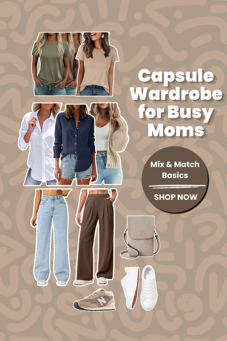 Collage of capsule wardrobe basics for busy moms: neutral tees, button-down shirts, a knit cardigan, wide-leg jeans and trousers, a crossbody bag, and sneakers on a beige background.