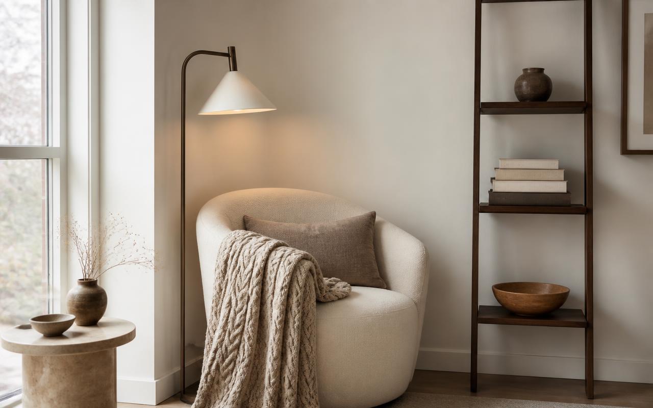 A cozy reading corner with a cream accent chair, an oatmeal cable knit throw, a warm floor lamp, and a stack of books on a narrow shelf beside a window.