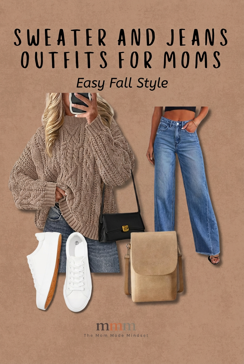 Pin graphic titled 'Sweater and Jeans Outfits for Moms: Easy Fall Style' showing a chunky knit sweater, wide leg jeans, white sneakers, and a tan crossbody bag.