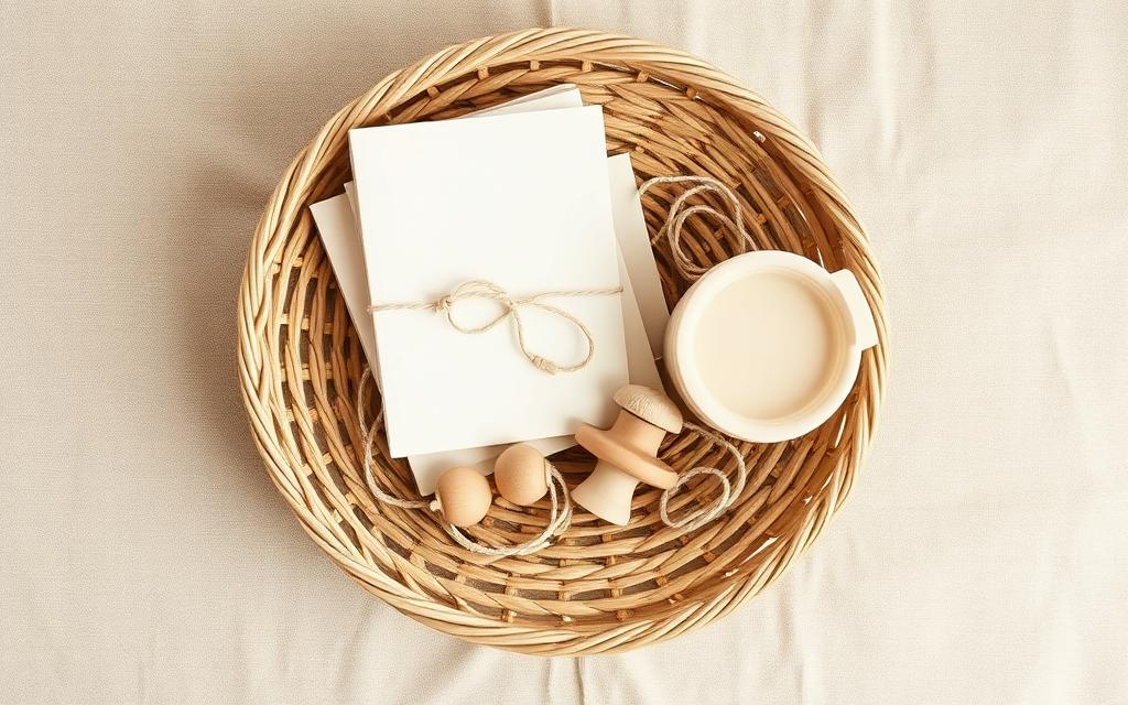Flat lay of a woven basket holding board books, wooden lacing beads, a fidget toy, and a snack cup on a bone-colored linen surface.