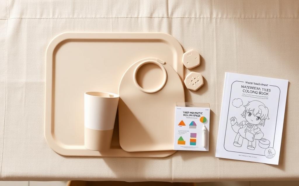 Flat lay of a toddler restaurant survival kit: a beige silicone placemat, a snack cup, a bib, travel magnetic tiles, and a water-reveal coloring book on a bone-colored linen surface.